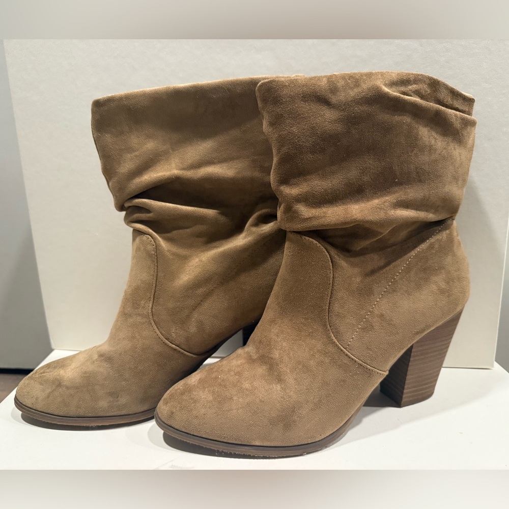 Tan Suede Slouch Heeled Boots - Size 9.5